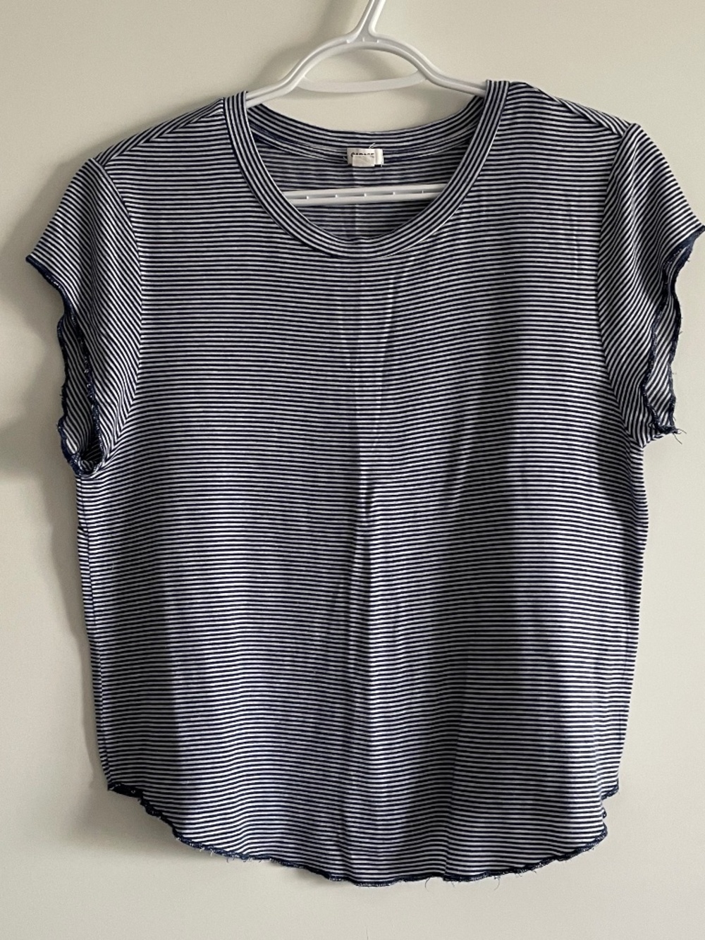 EUC Garage Navy/White Striped Short Sleeved Tee Crewneck Raw Flutter Hem Medium